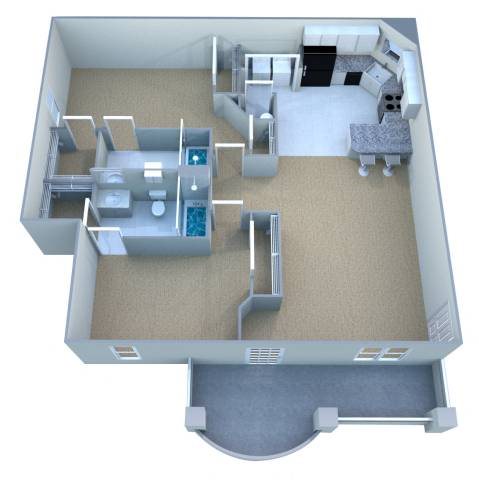 A 3D model of a house with a swimming pool in the middle.